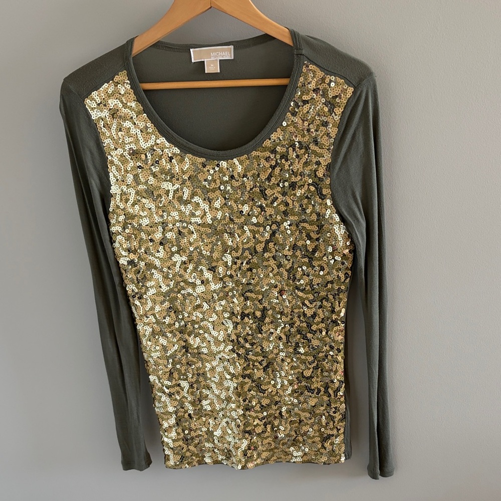 Michael Kors Gold Sequin Long Sleeve Top